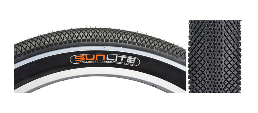 Close-up of the 26x3.5 Black Crusher Bicycle Tire by Sunlite, showcasing the detailed tread pattern and robust build, ideal for replacing worn-out fat tires on bikes.