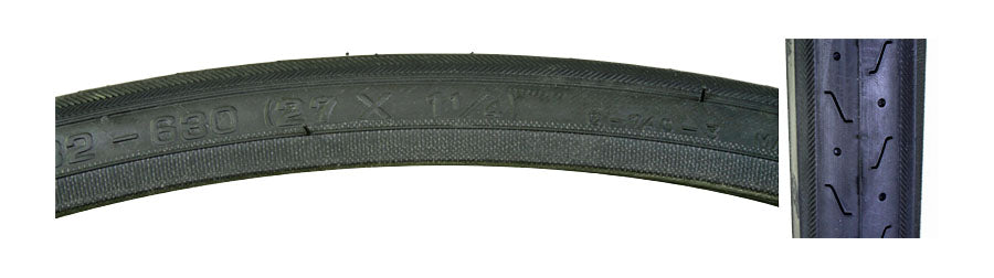 Close-up of the 27x1-1/4 Black Super HP CST740 Bicycle Tire, highlighting its grooved CST740 tread with directional siping, designed for street use.