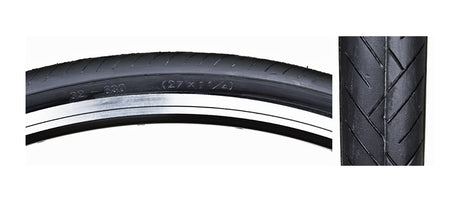 Close-up of a 27x1-1/4 Black Flat Shield Road Bicycle Tire by Sunlite, showcasing the tire tread and durability for road use.