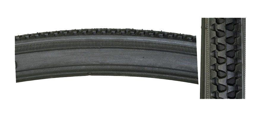 27x1-1/4 Black Hybrid Bicycle Tire from Sunlite, showcasing a detailed tread pattern, ideal for replacing old bike tires and enhancing riding performance.