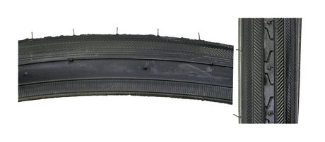 Close-up of a 27x1-1/4 Road Raised Center Bicycle Tire, highlighting the tread pattern and durable surface. Ideal for replacing old bike tires with a reliable Sunlite product from Monster Scooter Parts.