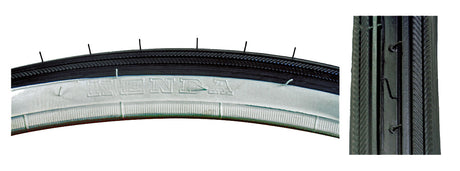 Close-up of the 27x1-1/4 Road Raised Center Bicycle Tire from Sunlite, showcasing the tire's tread pattern and sidewall logo.