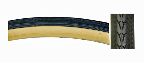 27x1-1/4 Urban Tire with Gum Sidewall (SunLite) - close-up view of the black rubber tread and gum-colored sidewall, highlighting the tire's durable design for urban biking.