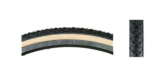 Close-up of a 27x1-3/8 Black Hybrid V-Track Bicycle Tire, showcasing the detailed tread pattern ideal for replacement on hybrid bikes.