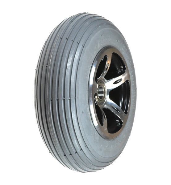 2.80/2.50-4 Polyurethane Front Wheel Assembly for the Merits Pioneer 2 (S245/S2451/S2454) Mobility Scooter, featuring a silver rim and solid, flat-free polyurethane tire.