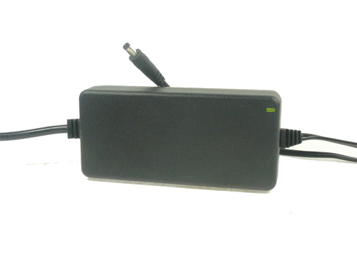 24 Volt 2.0 Amp Coaxial Bladez Battery Charger with black power cord and coaxial connector, featuring a green LED indicator and automatic shutoff function.