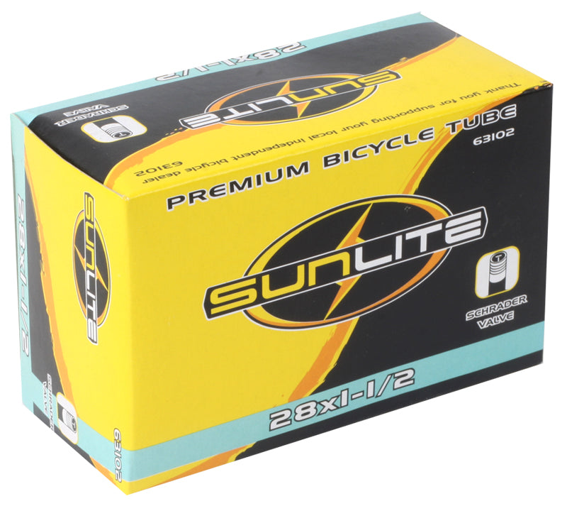 28x1-1/2 Bicycle Inner Tube with 32mm Straight Valve by Sunlite, packaged in a labeled box featuring a yellow and black logo, ideal for replacing old bike inner tubes.