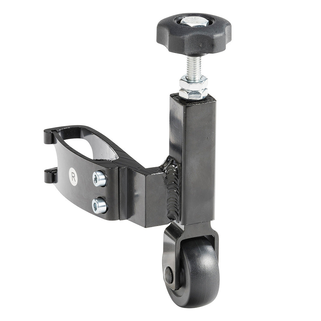 Slow Down Brake for Drive Medical Nitro Rollators featuring a black metal object with a wheel and adjustable screw clamp for controlling speed by limiting wheel rotation, enhancing user safety.