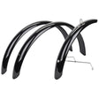 Front & Rear Fender Set for Recumbent Bicycles featuring black polycarbonate fenders with attached wire, metal hooks, and steel stays for secure installation. Includes two 22 rear and one 17 front fender.