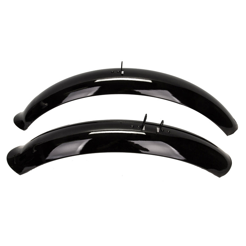 Black Baja Cruz Fenders (Sun Bicycles): A pair of glossy, black enameled steel fenders designed for beach cruisers, showing minor storage scratches. The set includes both front and rear mudguards.