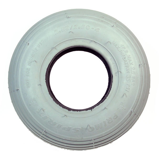 2.80/2.50-4 (9x3) Pneumatic Mobility Tire with IA-2802 Ribbed Tread, featuring a white wheel with a central hole, designed for enhanced mobility.