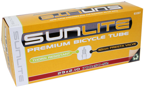 29x2.10 Heavy Duty Thorn Resistant Bicycle Inner Tube with 32mm Presta Valve from Sunlite shown in its packaging.