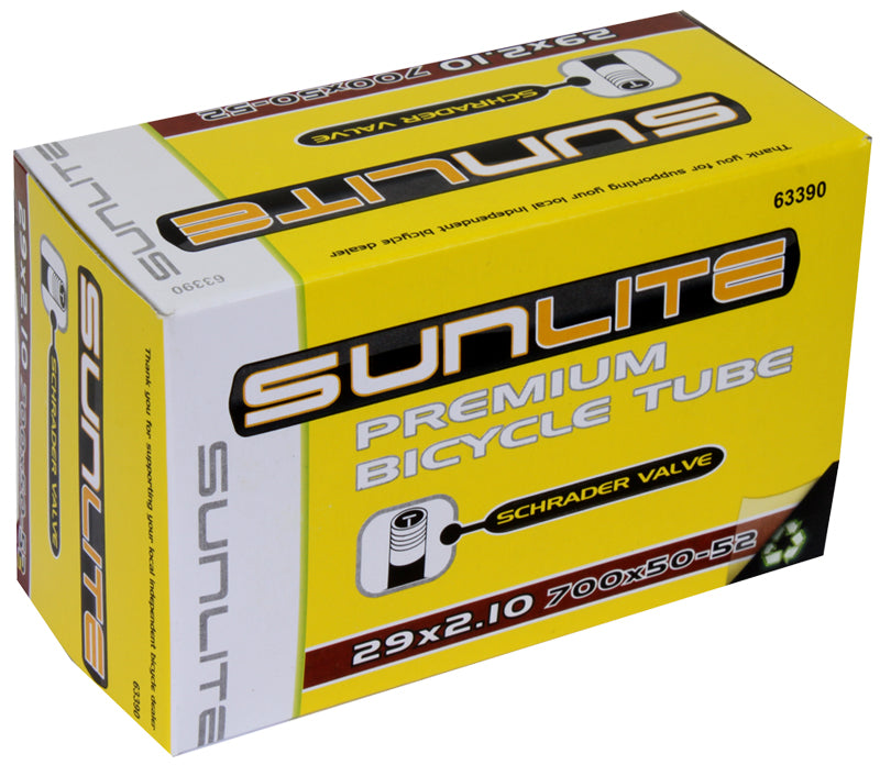 29x2.10 Bicycle Inner Tube with Straight Valve from Sunlite in a yellow box with black and white text, ideal for replacing old bike inner tubes.