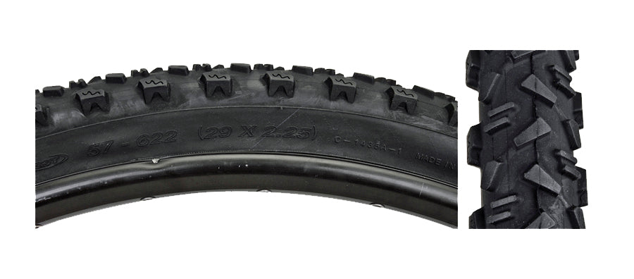 Close-up of the 29x2.25 Black Crusader CST1435 Bicycle Tire from Sunlite, showcasing its detailed tread pattern and robust build.