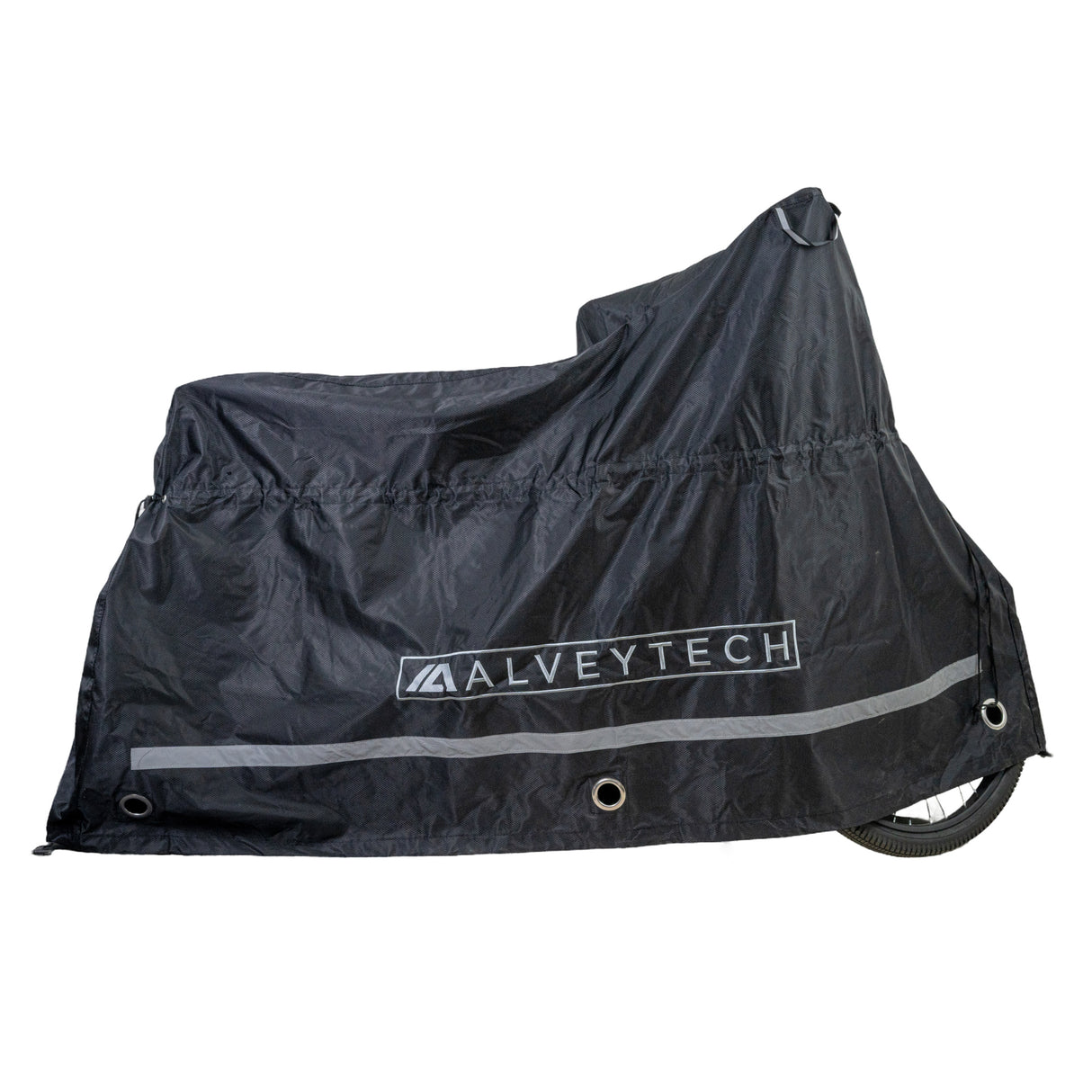 Universal Deluxe Electric Bike & Scooter Weatherproof Cover on a bike, showcasing its heavy-duty black fabric with white text, covering the bike entirely and featuring a close-up of the tire.