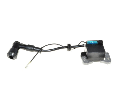 Ignition Coil for 2-Stroke Engines 33cc-52cc with 52 mm Mounting Hole Spacing, featuring a black electrical device with attached wires, suitable for recreational scooters.