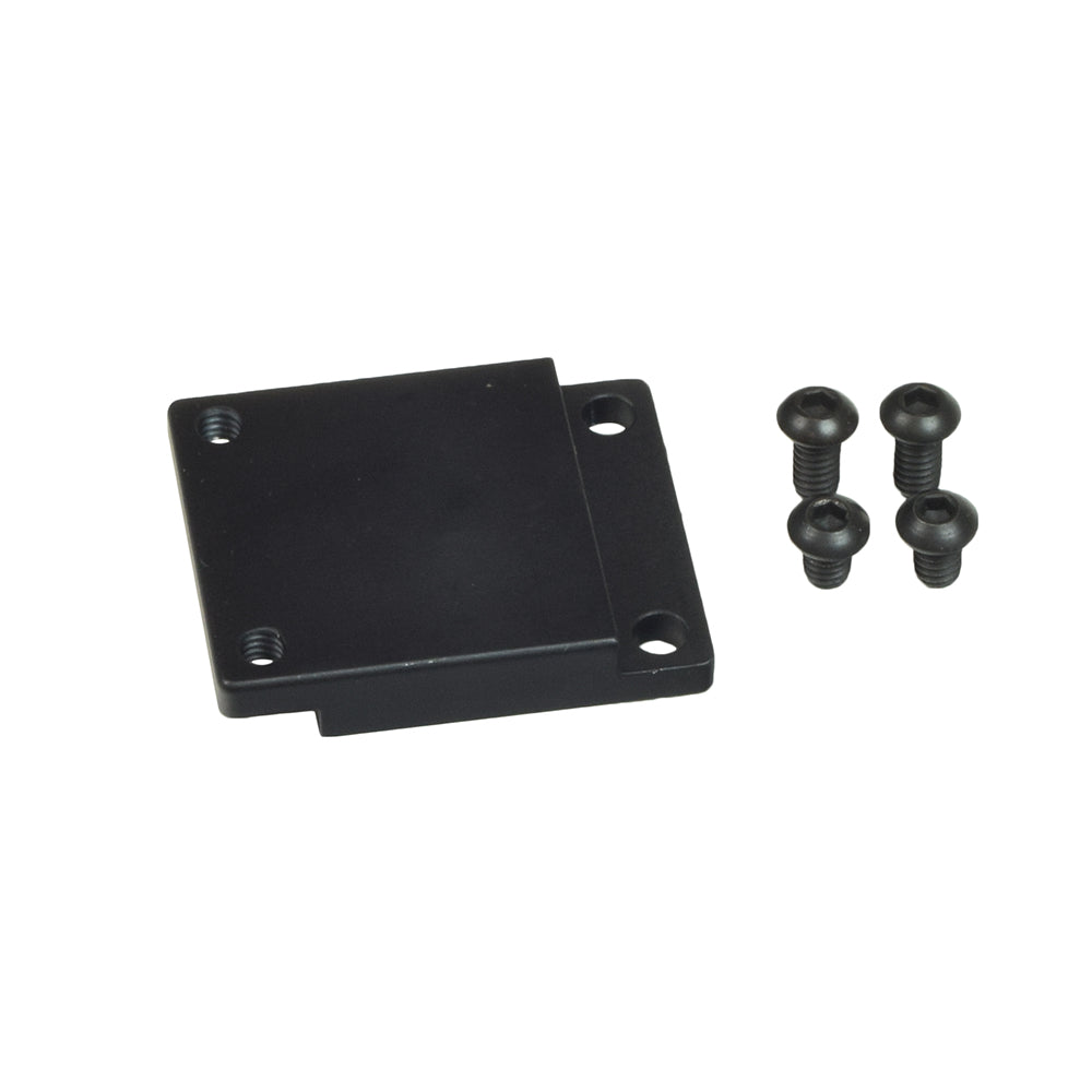 2 Height/Depth Adapter Plate for Quantum Q6 Edge featuring a black square design with visible screws, used with Stealth pelvic/thigh laterals, compatible with other Quantum Rehab models.