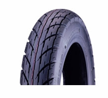 Innova 3.50-10 Tread Pattern IA-3007 Scooter Tire; close-up reveals directional tread for improved wet weather traction, tubeless design, and DOT rating, emphasizing performance and safety for full-size street scooters.