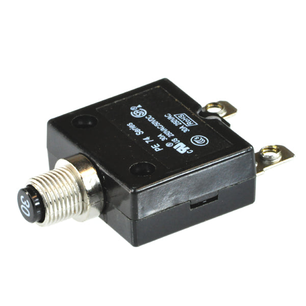 30 Amp Circuit Breaker with Straight Screw Terminals (Standard); a compact black device with a prominent silver button, designed for use in mobility scooters and power chairs.