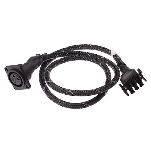 XLR On-Board Battery Charger Adapter (Pride) featuring a black cable with a 3-hole female connector, designed for Pride Mobility scooters and power chairs, compatible with male 3-pin XLR battery chargers.