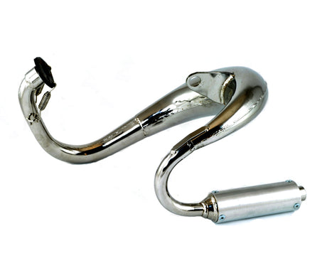 3-Stage High Performance Exhaust Pipe for Bladez & Tanaka Gas Powerboards, featuring a sleek, silver metal design. Includes hardware and installation instructions. Ideal for 35cc/40cc models.