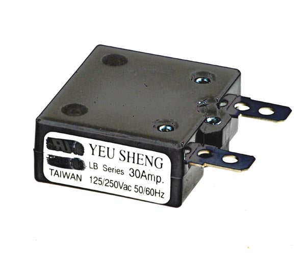 30 Amp DC Circuit Breaker for Bladez and Tanaka Powerboards; a black, square device with metal screws and a white label, compatible with various scooter models, without a push-button reset.