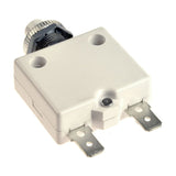 30 Amp Circuit Breaker with Tab Terminals, featuring a white plastic body, metal knob, and metal screws, designed for Jazzy Select series power chairs by Pride Mobility.