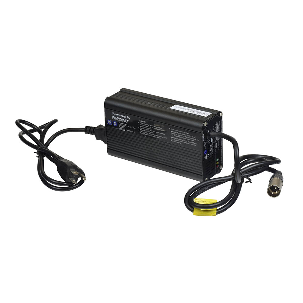 24 Volt 5.0 Amp XLR PF2405 Battery Charger for Shoprider Streamer Power Chairs, featuring a black power supply with attached wires and a power cord, designed for charging various Shoprider models.