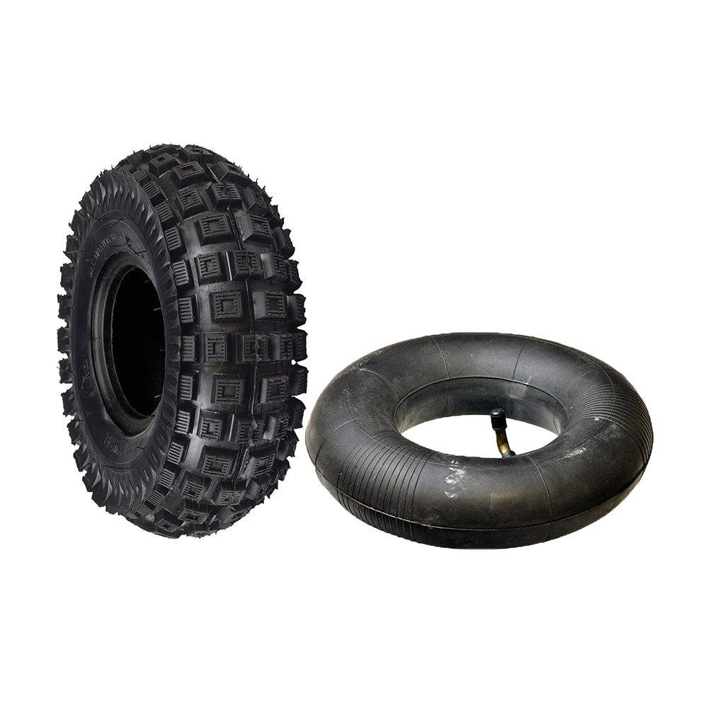 3.00-4 (10x3, 260x85) Knobby Scooter, ATV, and Go Kart Tire and Tube Set featuring a durable black rubber tire with deep treads and an inner tube with a visible valve.