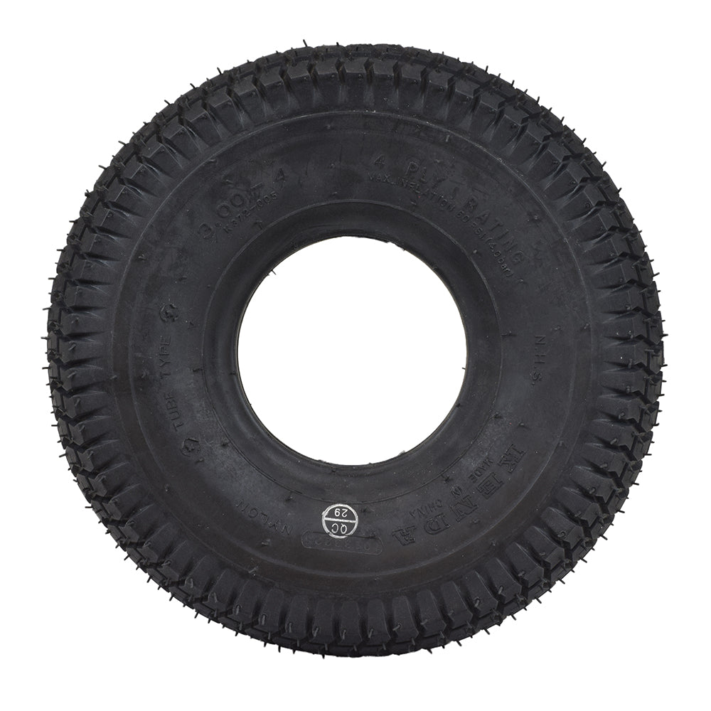 10x3 (3.00-4, 260x85) Pneumatic Mobility Tire with K372 Traction Tread, a black tire designed for mobility scooters and power chairs, featuring a central hole and durable, non-marking rubber.