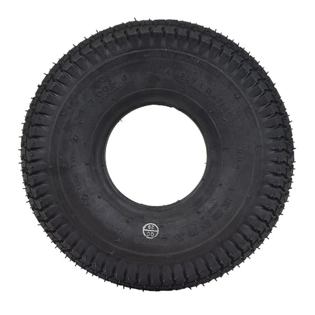 10x3 (3.00-4, 260x85) Pneumatic Mobility Tire with K372 Traction Tread, a black tire designed for mobility scooters and power chairs, featuring a central hole and durable, non-marking rubber.