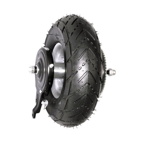 3.00-4 Rear Wheel Assembly for the Razor E300 (Versions 36+), featuring a black tire with tread, metal rim, drive sprocket, and brake assembly, designed for rear scooter installation.