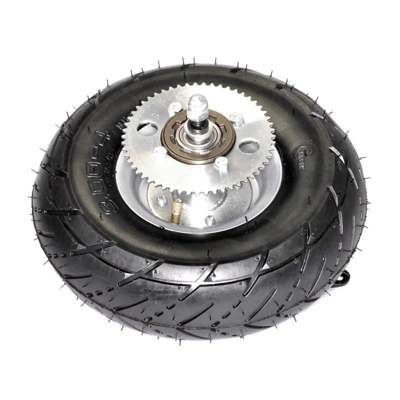 3.00-4 Rear Wheel Assembly for the Razor E300 (Versions 36+), featuring a black tire with a metal wheel, drive sprocket, and brake assembly.