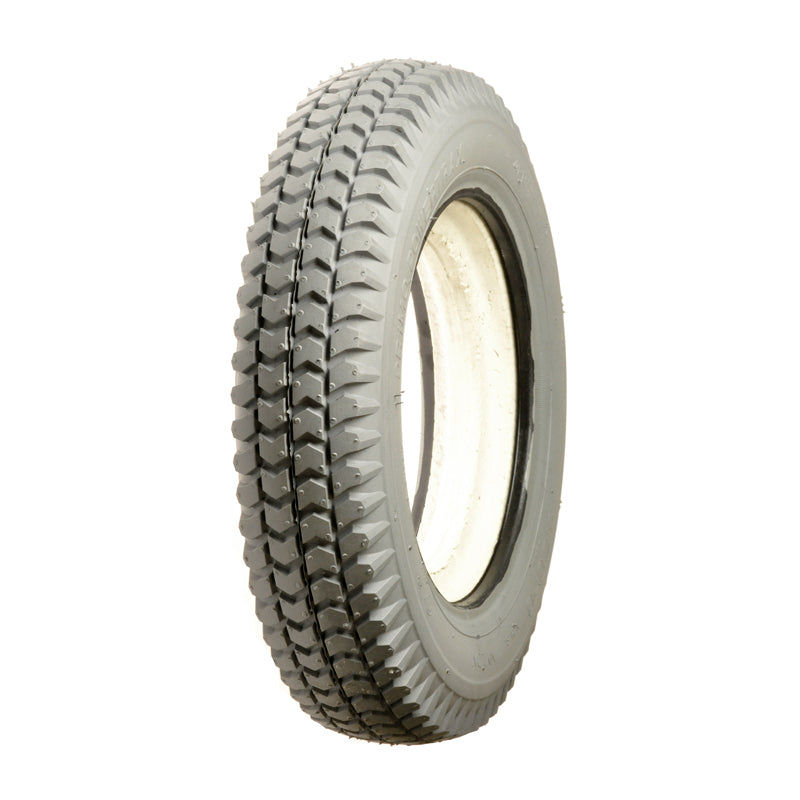 Heavy Duty 14x3 (3.00-8) Foam-Filled Mobility Tire with Powertrax C248 Tread, featuring a white rim and non-marking gray knobby tread, close-up showing detailed tread pattern and narrow lip profile.