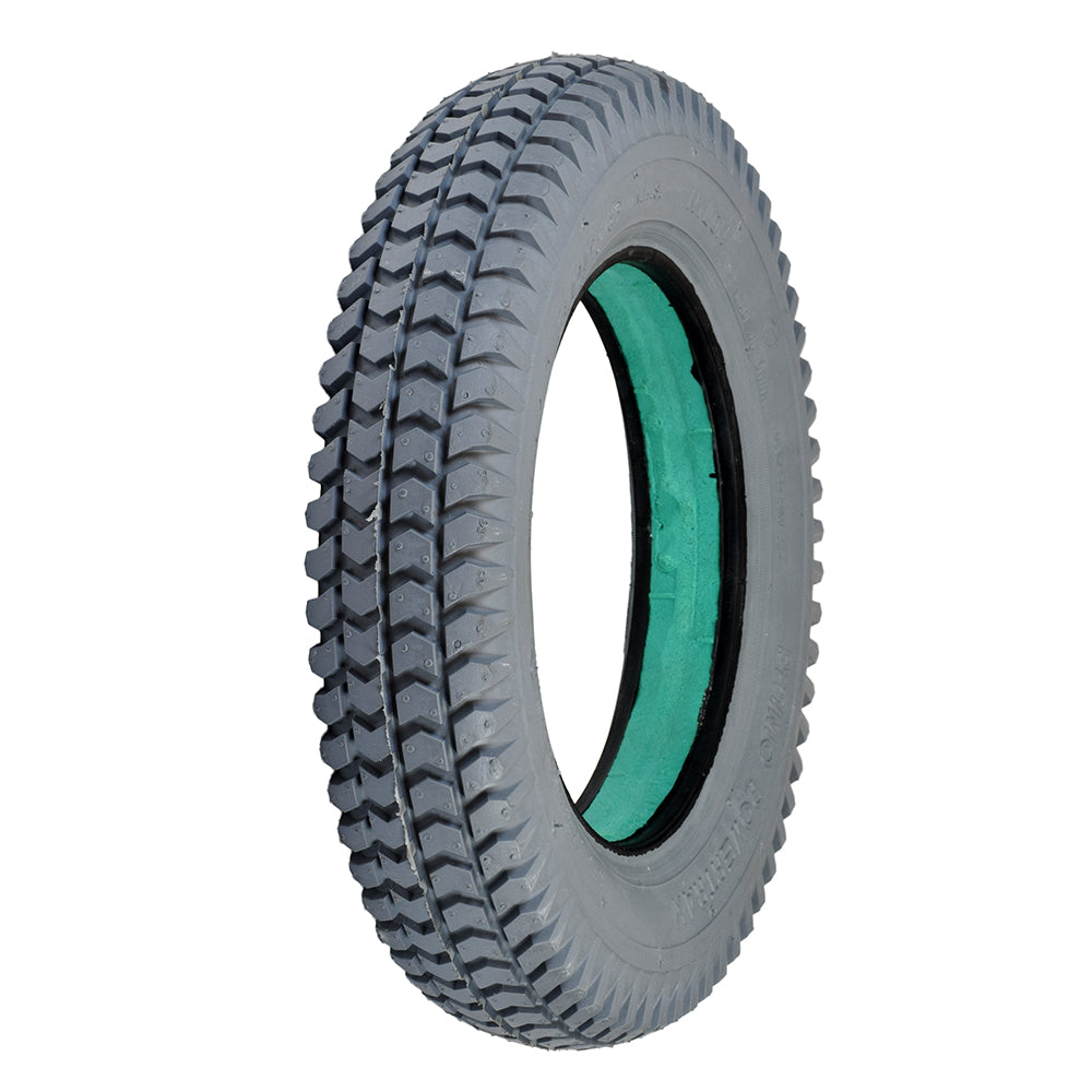 14x3 (3.00-8) Foam-Filled Mobility Tire with Flush Profile and 2.25 Bead Width, featuring C248 Powertrax Tread in a close-up view, showcasing its robust knobby pattern ideal for scooters and power chairs.