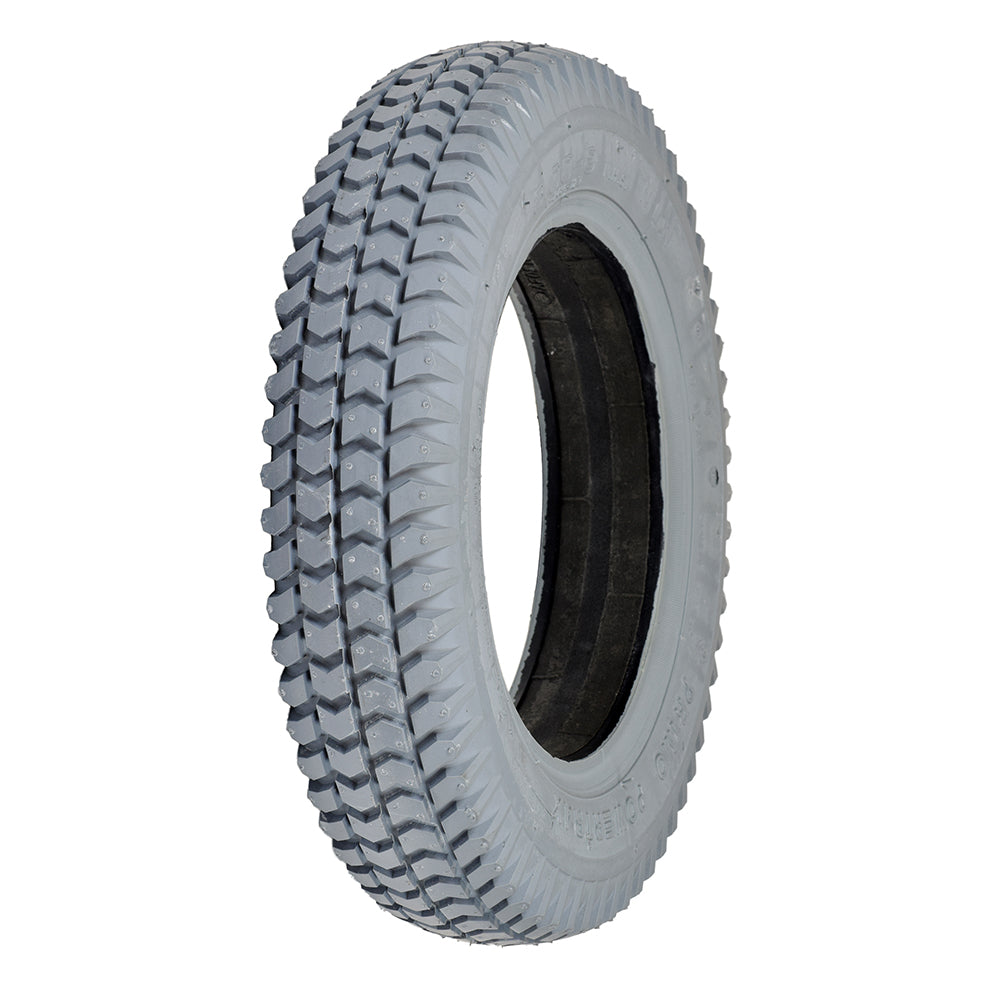 14x3 (3.00-8) Foam-Filled Mobility Tire (Flush Profile; 2.125 Bead Width) with Powertrax C248 Tread, featuring a knobby pattern and solid insert for scooters and power chairs, shown in close-up.