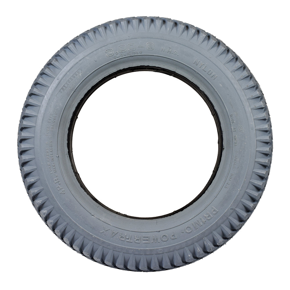 14x3 (3.00-8) Foam-Filled Mobility Tire with a smooth, flush profile and 2.5 bead width, featuring Powertrax C248G Tread by Primo, shown with a circular rim.