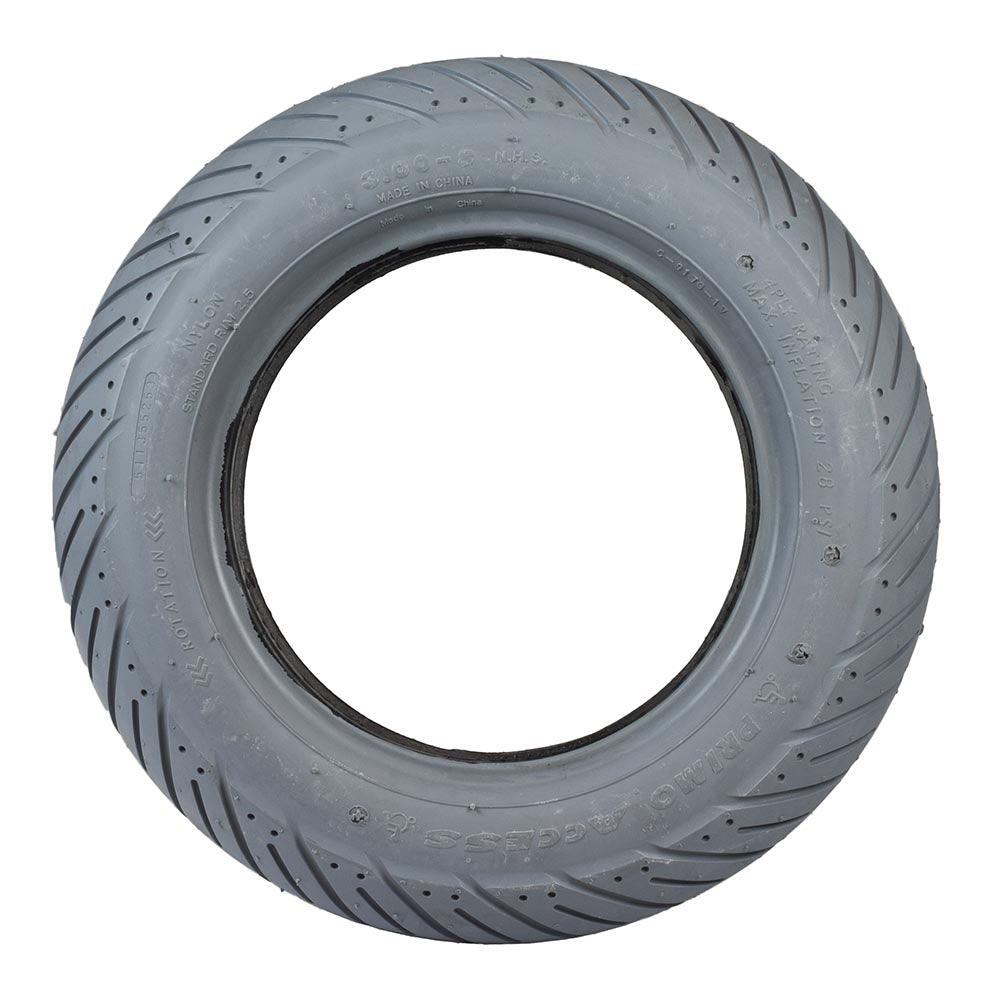 14x3 (3.00-8) Foam-Filled Mobility Tire with C917G Access V-Groove Tread; features a black rim and non-marking gray tread, designed for power chairs like Merits Gemini (P301) and Quickie models.