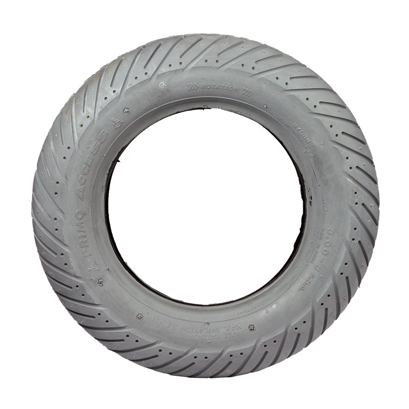 14x3 (3.00-8) Pneumatic Mobility Tire with C917G V-Tread featuring a circular pattern and central hole, designed for Quantum power chairs and available with an optional 90-degree angled valve stem inner tube.