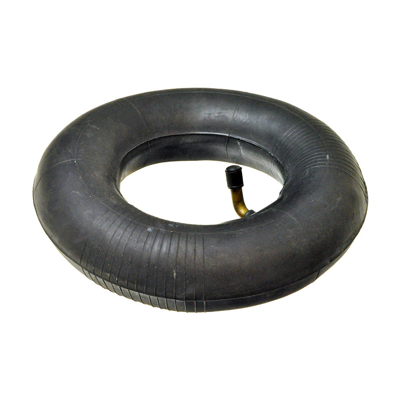 3.00/3.50-4 Scooter Inner Tube with Angled Valve Stem, featuring a black rubber tire with a tube, suitable for various gas and electric scooters, and equivalent to the 9x3.50-4 inner tube.