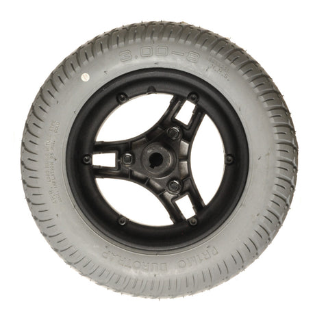 14x3 (3.00-8) Flat-Free Drive Wheel Assembly for Jazzy 1133 featuring a solid flat-free tire, Powertrax non-marking rubber, and a stylish 8 black tri-spoke rim with hub, screws, and nuts included.