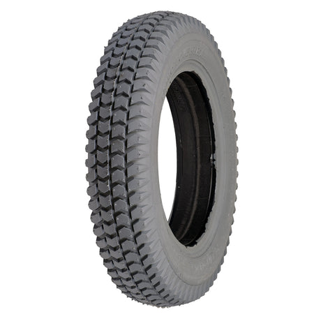 14x3 Foam-Filled Mobility Tire for Jazzy 1120 with Powertrax Knobby Tread, showcasing a durable black rim and close-up of the rugged tread design for flat-free performance.