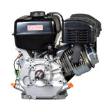 301cc 8 HP Engine for Mini Bikes, showcasing a close-up of the black machine with a red and white sticker, highlighting its robust build and key features like the cast iron cylinder.