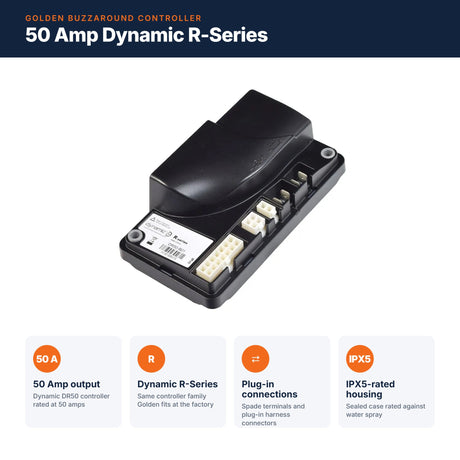 3051600180 Dynamic R-Series 50 amp controller key features: 50 amp output, R-Series, plug-in connections, IPX5-rated housing