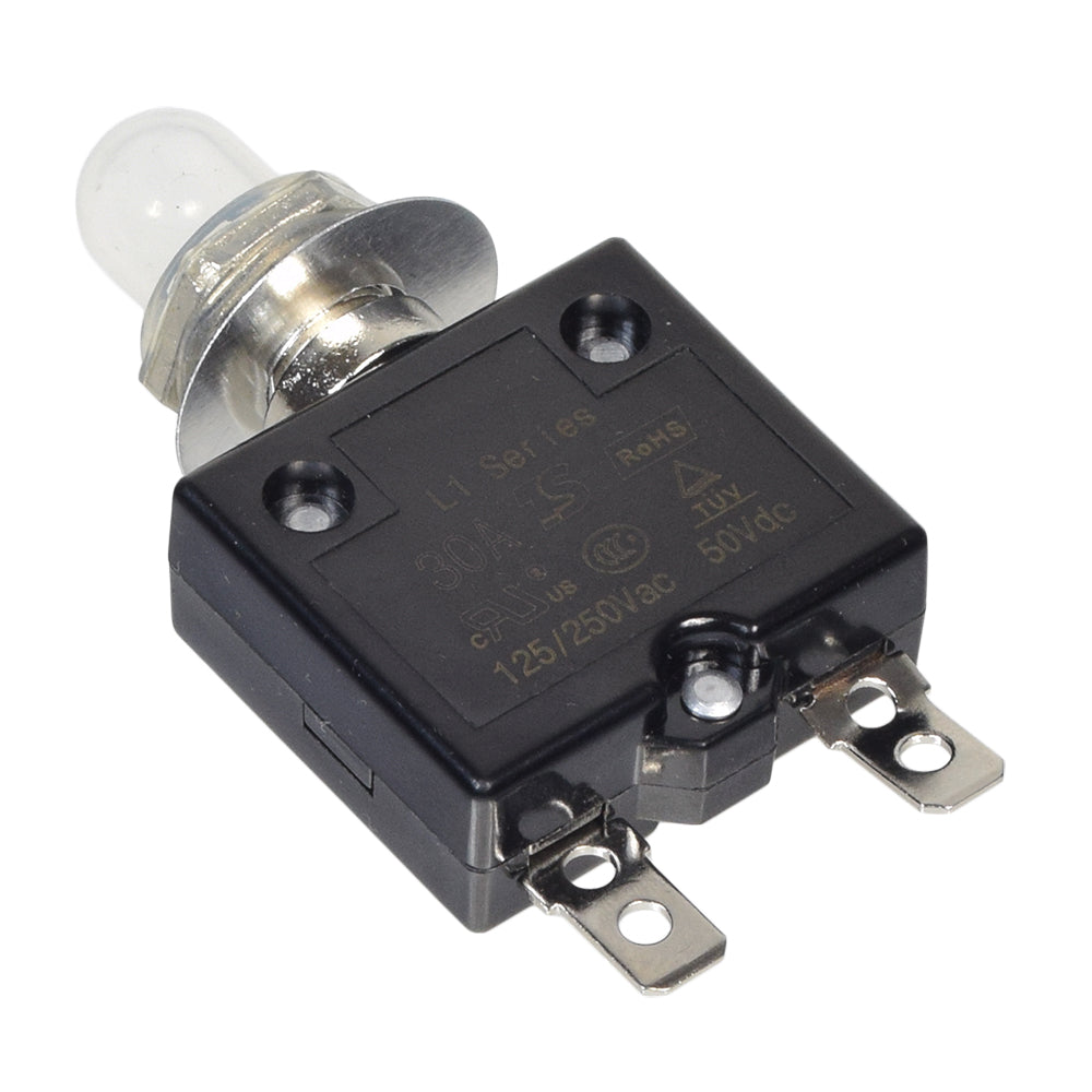 30 Amp (30A) 50VDC 125/250VAC Push-Button Reset Circuit Breaker with Metal Threaded Collar, featuring a clear plastic boot cover, close-up view. Suitable for small electric vehicles and power chairs.