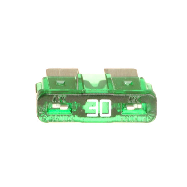 30 Amp ATO Blade Fuse for electric scooters and bikes, shown as a green electrical device with white text, used in various models like Razor Scooter USA and Currie Technologies' eZip and IZIP e-bikes.