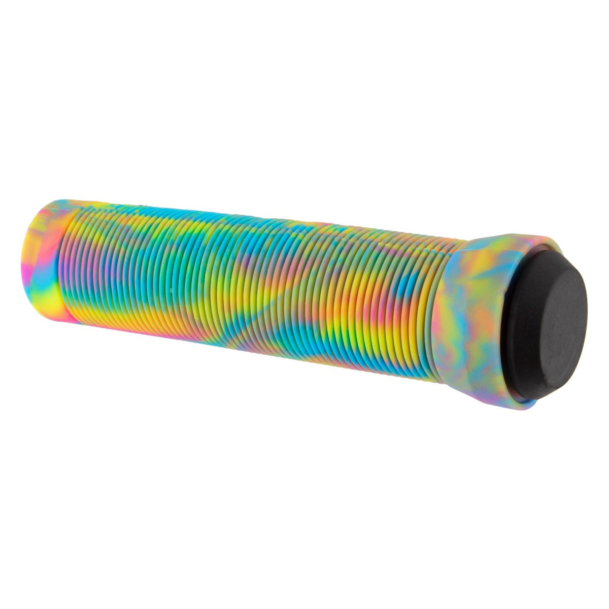 125 mm Rainbow Swirl Handlebar Grips for Bikes & Scooters showing vibrant swirls, black rubber ends, and a micro-ribbed texture for a secure and comfortable grip.