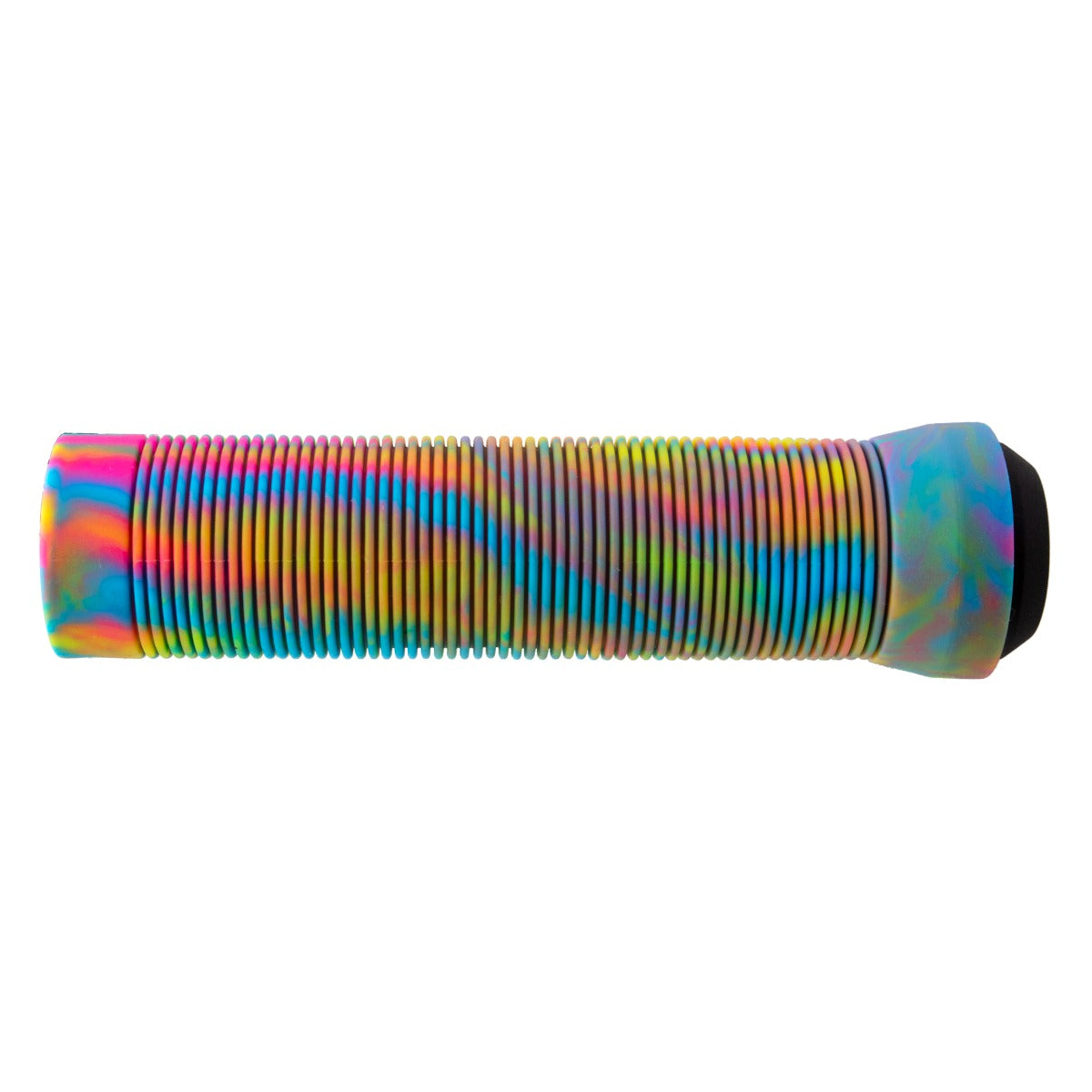 125 mm Rainbow Swirl Handlebar Grips for Bikes & Scooters featuring black rubber grips with colorful swirls, displayed on a white background.