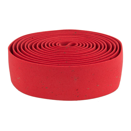 Origin8 Pro Cork Handlebar Tape shown as a close-up of a red roll, designed for secure grip on bike or tool handles, featuring shock absorption and adhesive backing for easy application.