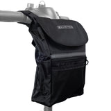 Removable Front Tiller Bag for Mobility Scooters shown on a handlebar and mannequin, featuring a spacious design with zipper for added storage.